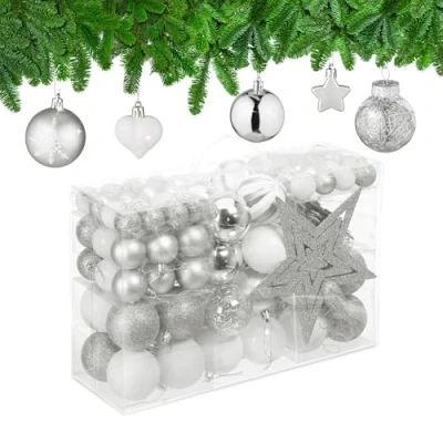 Imagen de Relaxdays Set 101 Bolas Árbol Navidad, Plástico, Adornos Navideños con Bolitas y Estrella, Decoración, Plateado/Blanco, Varios tamaños