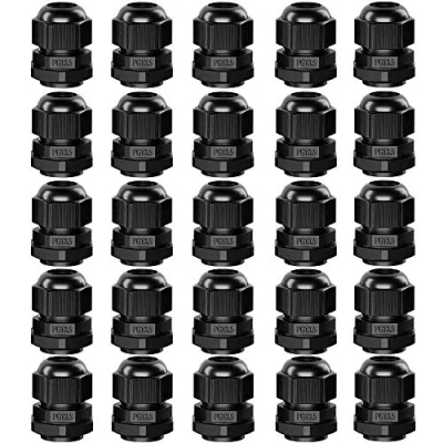 Imagen de QitinDasen 25Pcs Premium Nylon Cable Gland, PG13.5 Prensaestopa, 6～12mm Ajustable IP68 Impermeable Empalmes de Prensaestopas, Glándula Conector con Juntas (Negro)