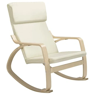 Imagen de BAKAJI Beige Silla Mecedora Sillón Relax de Algodón Respaldo Cojín Ergonómico, Madera, Standard