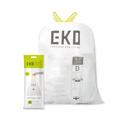 Imagen de EKO Bolsas de basura tamaño D para cubos cocina, extrafuertes, con asas cordón, capacidad 18 a 21 litros, 20 bolsas, color blanco