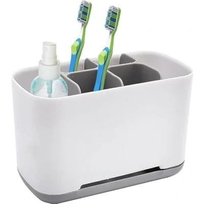 Imagen de AMJKEJI Portacepillos de Dientes, Soporte Pasta Dientes y Pasta, Cepillo Eléctrico con Separadore Ajustable Base Antideslizante (Blanco)