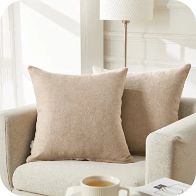 Imagen de Topfinel Juego 2 Fundas Cojines Cama Sofas de Chenilla Algodón Lino Duradero Almohadas Decorativa Color sólido para Sala Estar, sofás, Camas, sillas Dormitorio Jardín Coche 50x50cm Caqui