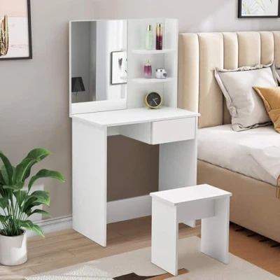 Imagen de CLIPOP tocador con taburete y espejo, cajón, estante para cosméticos, tocador, color blanco moderno