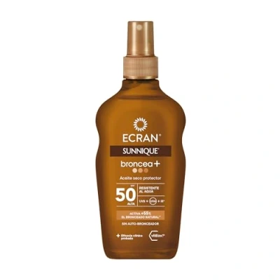 Imagen de Ecran Sunnique Aceite Protector Solar Broncea+ FPS 50, Protección Alta UVB y UVA, Activa el Bronceado Natural, Sin Autobronceador, con Tecnología PureBronze, Resistente al Agua 200 ml