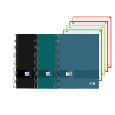 Imagen de Oxford &amp; You, Pack de 3 Cuadernos A5+ Europeanbook, Cuadricula 5x5, Tapa Extradura, Espiral, 4 Bandas Color, 120 hojas, Colores Negro, Azul y Verde