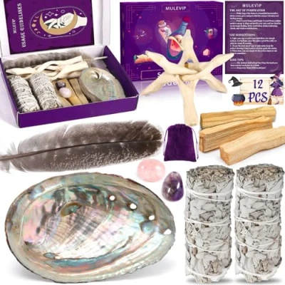 Imagen de MULEVIP Salvia Blanca,Palo Santo,Salvia Blanca para Quemar,Concha de Abulón 11cm,Pluma Larga,Piedra Cristal,Soporte Trípode,Palo Santo Limpieza Energética,Elimina Las Energías Negativas