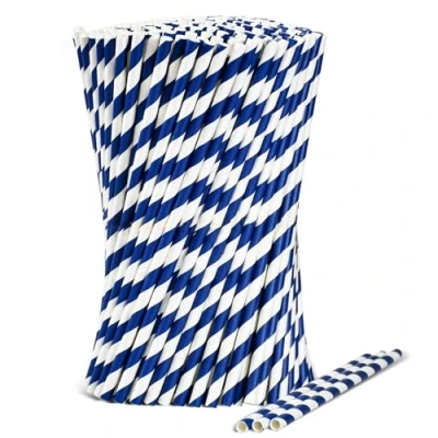 Imagen de Pajitas desechables de papel a rayas azules y blancas, 1000 unidades, 19,7 cm, 0,6 cm diámetro, 100% biodegradables