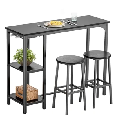 Imagen de Bealife Conjunto de Mesa Alta y 2 Taburetes Bar para Personas Comedor Bistro con Estantes Almacenaje Niveles