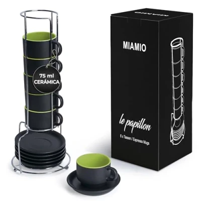 Imagen de MIAMIO 6 x 75 ml Tazas Cafe Espresso De Cerámica Gres Juego Café con Plato Le Papillon Colección (Verde)