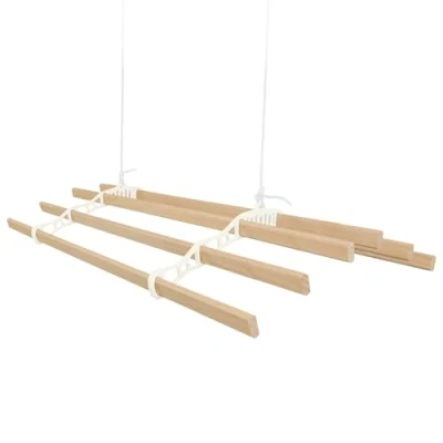 Imagen de Tendedero de Techo con Sistema Poleas en Marfil 6 Listones Madera 0.9m Capacidad Peso 30 kg Kit Fijación INCLUÍDO Colgante Secadora Estructura p/Colgar Secar Ropa Colgador