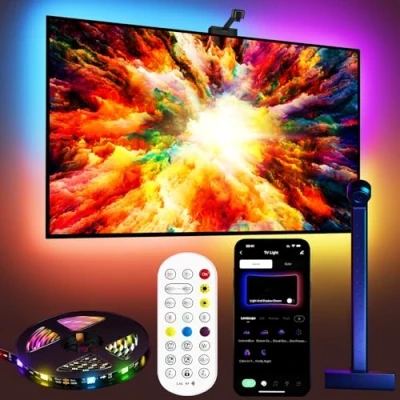 Imagen de Fayerkar Retroiluminación de TV 3 Lite con función corrección ojo pez, sincronización para televisores 55 a 75 pulgadas, tira LED RGB 5 m RGBICW WiFi cámara, 4 colores en 1
