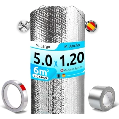 Imagen de Aislante Termico Reduce el Frio y Calor 100% ALUMINIO para Ventana, Pared, Suelo, Techo, Coche, Garaje, Camper, Aire Acondicionado [1.20 X 5m ] ( 6m² ) + 2 cintas adhesivas