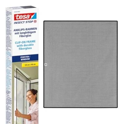 Imagen de tesa Insect Stop Clip On Mosquitera de Ventana con Marco Desmontable Recortable a Medida Malla Resistente Fibra Vidrio Clips Autoadhesivos 1 x 1,2 m Antracita