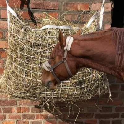 Imagen de red de heno para caballos rectangular en color blanco, malla estrecha 3 x cm, mayor tiempo alimentación, grande 120 cm 90 9 kg (120 + 70 80 cm)