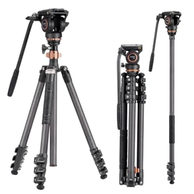 Imagen de Cayer CF2451 trípode de Video Fibra Carbono 67 Pulgadas con Cabezal Arrastre Fluido, Compacto 4 Secciones DSLR Convertible a monopié, para cámara Canon Nikon Sony