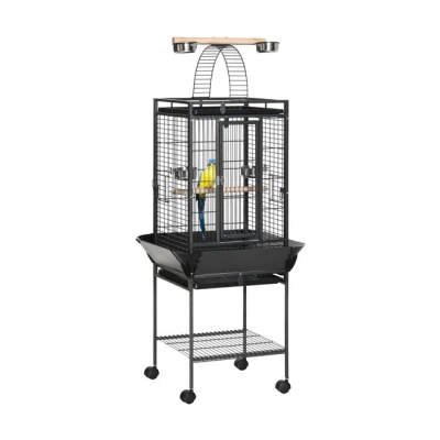 Imagen de PawHut Jaula para Pájaros con Soporte y Ruedas 62,5x62,5x156 cm Metálica de Aves Canarios Puente Arco 2 Perchas 4 Comederos Bandejas Extraíbles Estante Inferior Gris