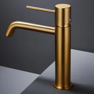 Imagen de IMEX Grifo Monomando Lavabo Baño Mezclador Agua Fria y Caliente sobre Encimera Ahorro de Serie Monza Color Oro Cepillado