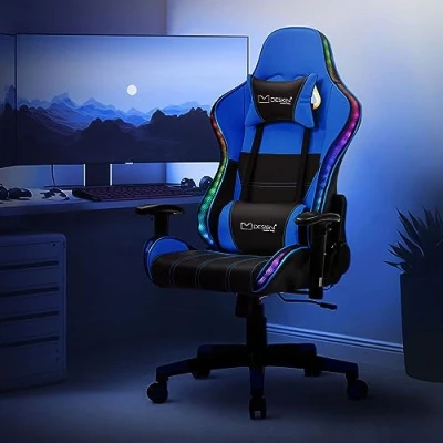 Imagen de ML Design Silla Gaming Azul Ergonómica con Iluminación LED RGB y Altavoces Bluetooth Asiento Giratorio PU Imitación Cuero Racing Gamer Ajustable en Altura Reposabrazos Reposacabezas, Cojín Lumbar