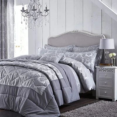 Imagen de Catherine Lansfield Cortinas con diseño Jacquard de Damasco, Ojales, poliéster, Plateado, Edredón King Size