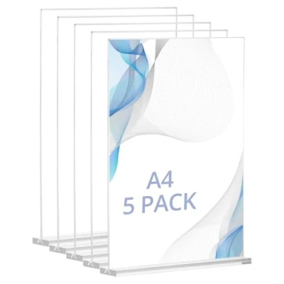 Imagen de QWORK® 5 piezas soportes de mesa acrílicos A4, soporte para carteles doble cara en T forma, expositores, oficina, tienda, restaurante