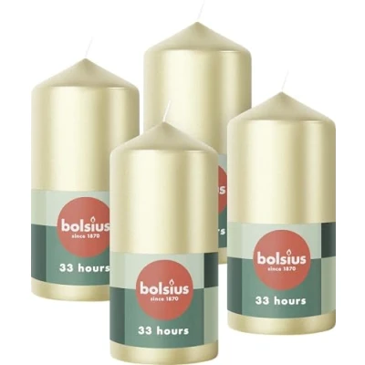 Imagen de Bolsius Velas de pilar Plata Metálica 4 unidades 12 x 6 cm Larga duración combustión 33 horas decorativas para el hogar Sin perfume 5% cera vegana natural aceite