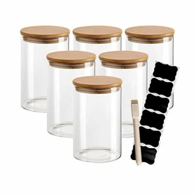 Imagen de gouveo Juego de 6 recipientes Redondos Vidrio 500 ml borosilicato con Tapa y Etiquetas tarros Almacenamiento, Especias,