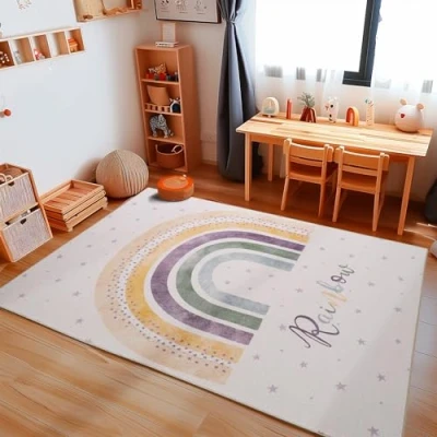 Imagen de Carpetsale24 Alfombra Infantil con diseño de arcoíris, para habitación bebé, Color Crema 100 x 150 cm