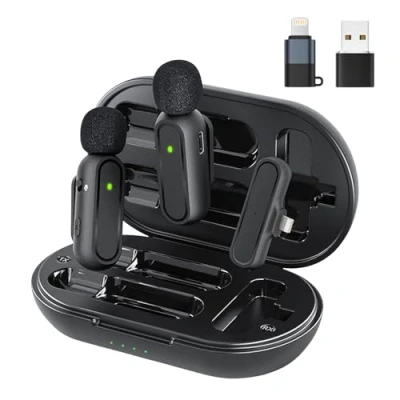 Imagen de 2 Micrófonos Inalámbricos para Android, iPhone y iPad con Adaptador, de Solapa, Cancelación Ruido, Micrófono Clip Movil, Grabación Video, Youtube, TikTok
