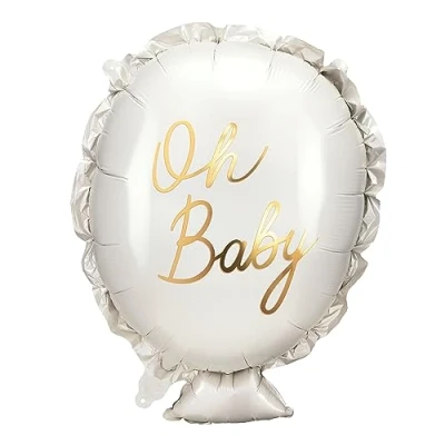 Imagen de globo de plástico con texto Oh baby 37 x 53 cm, para helio o aire, shower, niños y niñas, aluminio como regalo nacimiento, color blanco dorado