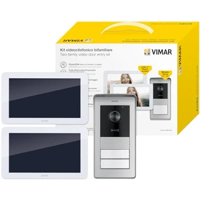 Imagen de Vimar K42936 Kit de videoportero con 2 videoporteros manos libres pantalla táctil, placa audio/vídeo lector RFID, alimentadores, distribuidor bus, soportes para montaje superficie