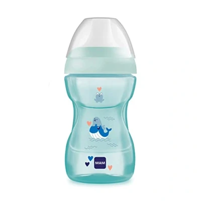 Imagen de MAM Fun to Drink vaso de boca vertedor (270 ml, para la transición al vidrio, aprendizaje con forma ergonómica, 8 meses o más, diseño ballena