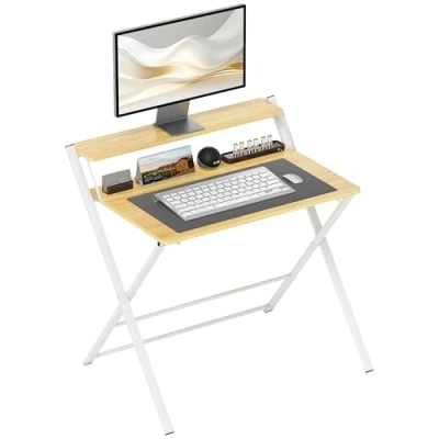 Imagen de HOMCOM Escritorio Plegable Mesa de con Estante Abierto Pequeño para Estudio Hogar Oficina 86x66x82 cm Natural