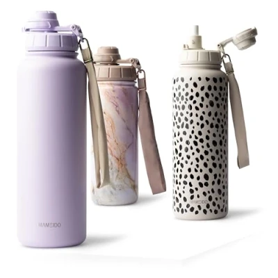 Imagen de MAMEIDO Botella Agua Acero Inoxidable 700ml Termica con Pajita, Gimnasio sin BPA, Cantimplora estanca, Termo Correa de Transporte, Water Bottle (Lavender Haze, 0,7l)