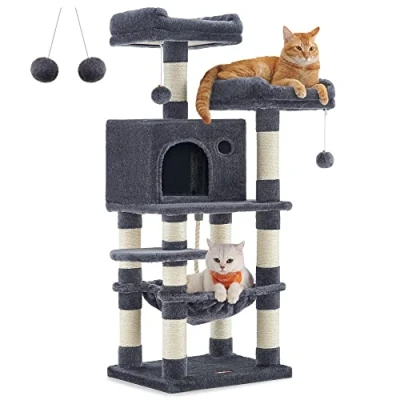 Imagen de Feandrea Árbol para Gatos de Altura 112 cm, Torre Gatos, con 11 Postes Rascadores, 2 Plataformas, 1 Cueva, Hamaca, Pompones, Tela Felpa, Multinivel, Gris Ahumado PCT215G01