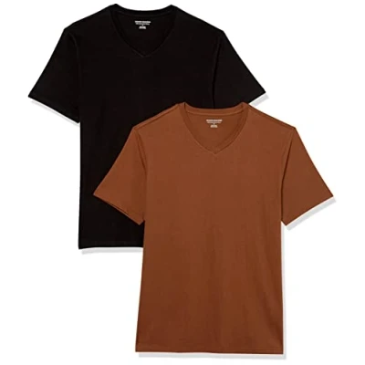 Imagen de Amazon Essentials Camisetas de manga corta con cuello pico y corte ajustado Hombre, Pack 2, Negro/Marrón, M