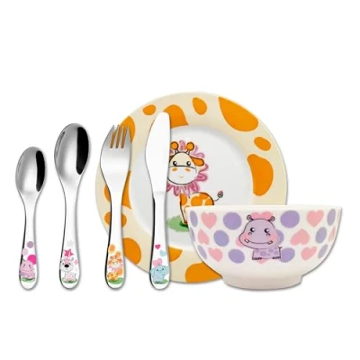 Imagen de Exzact Juego De 6 Piezas Cubiertos/Cubiertos Mesa para Niños Acero Inoxidable 1x Tazón, Plato, Cena Cuchillo, Tenedor, Cuchara, Cuchara pequeña Animales Bonitos