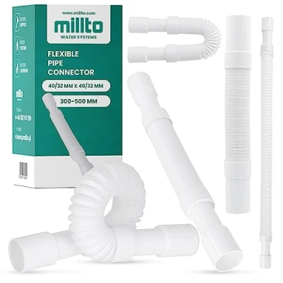 Imagen de Millto™ Tubo de drenaje flexible 40/32 mm, color blanco, conexión polipropileno universal, apto para todas las configuraciones, ajustable
