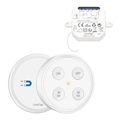 Imagen de LoraTap Kit Interruptor Inalámbrico con Mando a Distancia RF, Temporizador 10 o 30 minutos, Conmutador Paralelo, 2500W, 868 MHz, para Iluminación Electrodoméstico Trituradora
