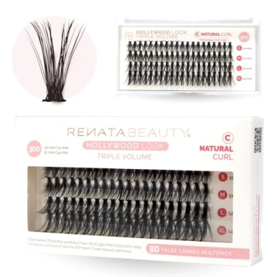 Imagen de Renata Beauty 30D TRIPLE Volumen Ruso Extensión de Pestañas Postizas [C Curl] Multipack 80 Abanicos 10 14mm Máxima Intensidad para 3D Tecnología Banda Invisible y Acabado Mate