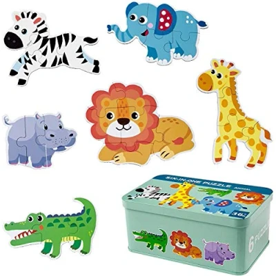 Imagen de Comius Sharp Puzzle, 6 Pack Rompecabezas Puzzle Juguetes Bebes para Niños de 1 2 3 4 5 Años Montessori Educativos Regalos 3D Patrón Puzles con Caja Metal (Animal)
