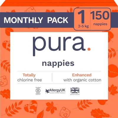 Imagen de Pura Eco Baby Nappies Size 1 (2 5kg / 4 11lbs), 6 x 25 (150 Total), Monthly Pack, Newborn for Sensitive Skin, Organic Cotton, Wetness Indicator, Umbilical Cord Cutout, New Guide