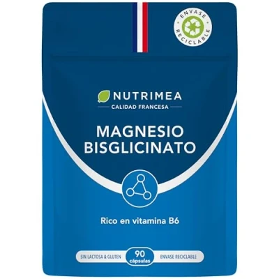 Imagen de Nutrimea Bisglicinato de Magnesio y Vitamina B6 Reduce Estrés Fatiga Vegano Sin Gluten Lactosa Alta Absorción Asimilación Formato Doypack 90 Cápsulas Vegetales