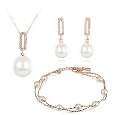 Imagen de Crystalline Azuria Mujer 18ct Chapado en Oro Perlas Blancas simuladas Juego de joyas Collar con Colgante 45 cm Pendientes Pulsera para