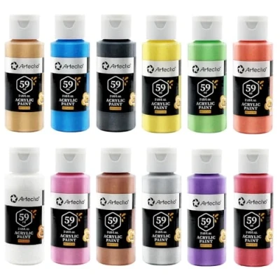 Imagen de Artecho Metálicas Pinturas Acrilicas 12 x 59 ml, Impermeable y resistente a la luz, para Lienzos, Tela, Madera, Cristal, Piedras.