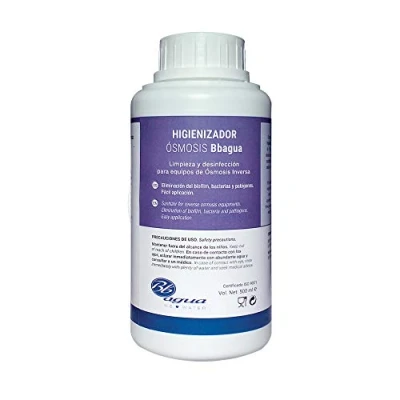 Imagen de Higienizador de osmosis inversa. 500 ml. Bbagua. Imprescindible usar en cada cambio filtros los equipos osmosis. Utilizar siempre con guantes protección.
