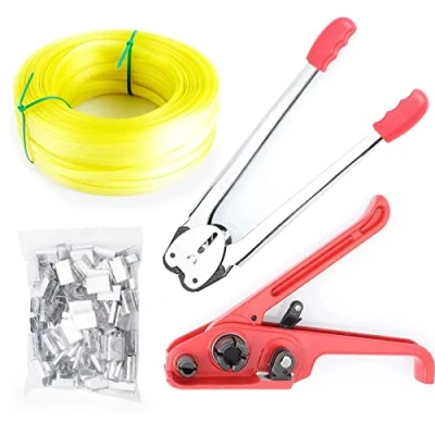 Imagen de Herramienta de flejado manual, juego empaque para sellador tensor fleje PP/PET Sellado manual con cinturón 100 m y kits hebillas 50 piezas