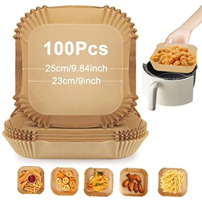 Imagen de Papel para Freidora de Aire, Cuadrado Horno Air Fryer Desechable 100PCS, Pergamino Antiadherente sin perforar Hornear Asar y Microondas Sartén(23cm)