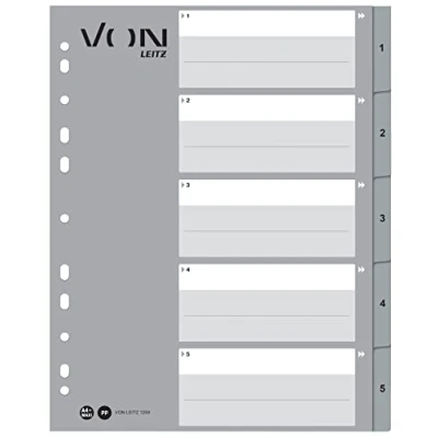 Imagen de von Leitz 12590085 Separadores numerados para carpetas A4, 1 5, PP, Leitz, extra ancho, índice universal de 11 agujeros y anillas, gris, paquete 10