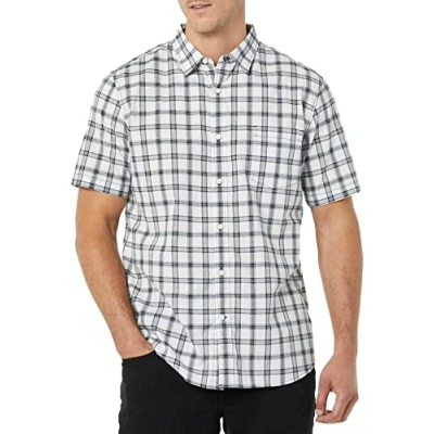 Imagen de Amazon Essentials Camisa de Popelín Manga Corta y Ajuste Entallado Hombre, Azul Marino Blanco Cuadros Escoceses, XL