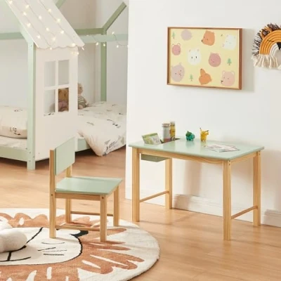 Imagen de [en.casa] Juego de Mesa y Silla Infantil Skjåk Conjunto Muebles para Niños 2 Piezas con Compartimento Integrado Sala Dormitortio MDF Pino 45 x 68 42 cm Natural/Verde Menta